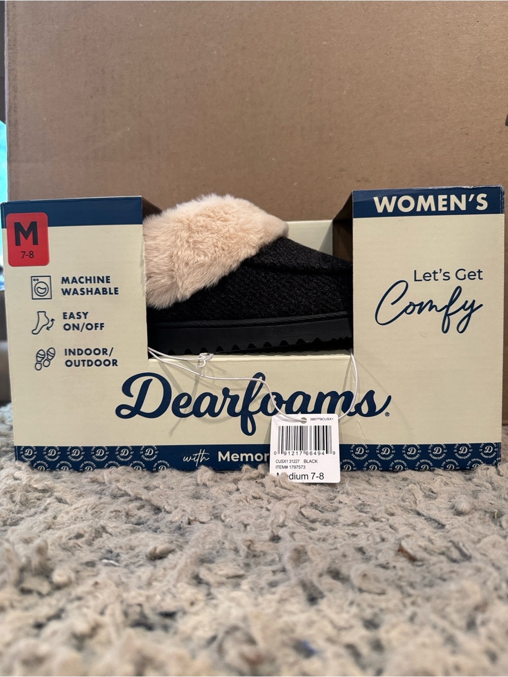 Dearfoams Black/Grey Women's Slip-On Slippers with Cream Faux Fur Collar